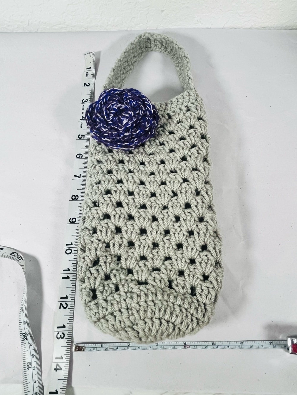 Gray Crochet Wine Bottle Carrier with Purple Flower - Picture 5 of 5